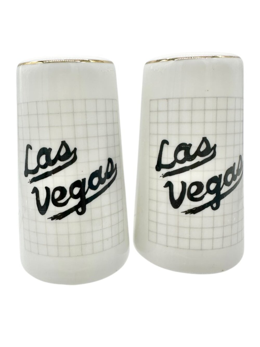 Las Vegas Souvenir Ceramic Salt and Pepper Shakers White with Gold Trim 3" Tall